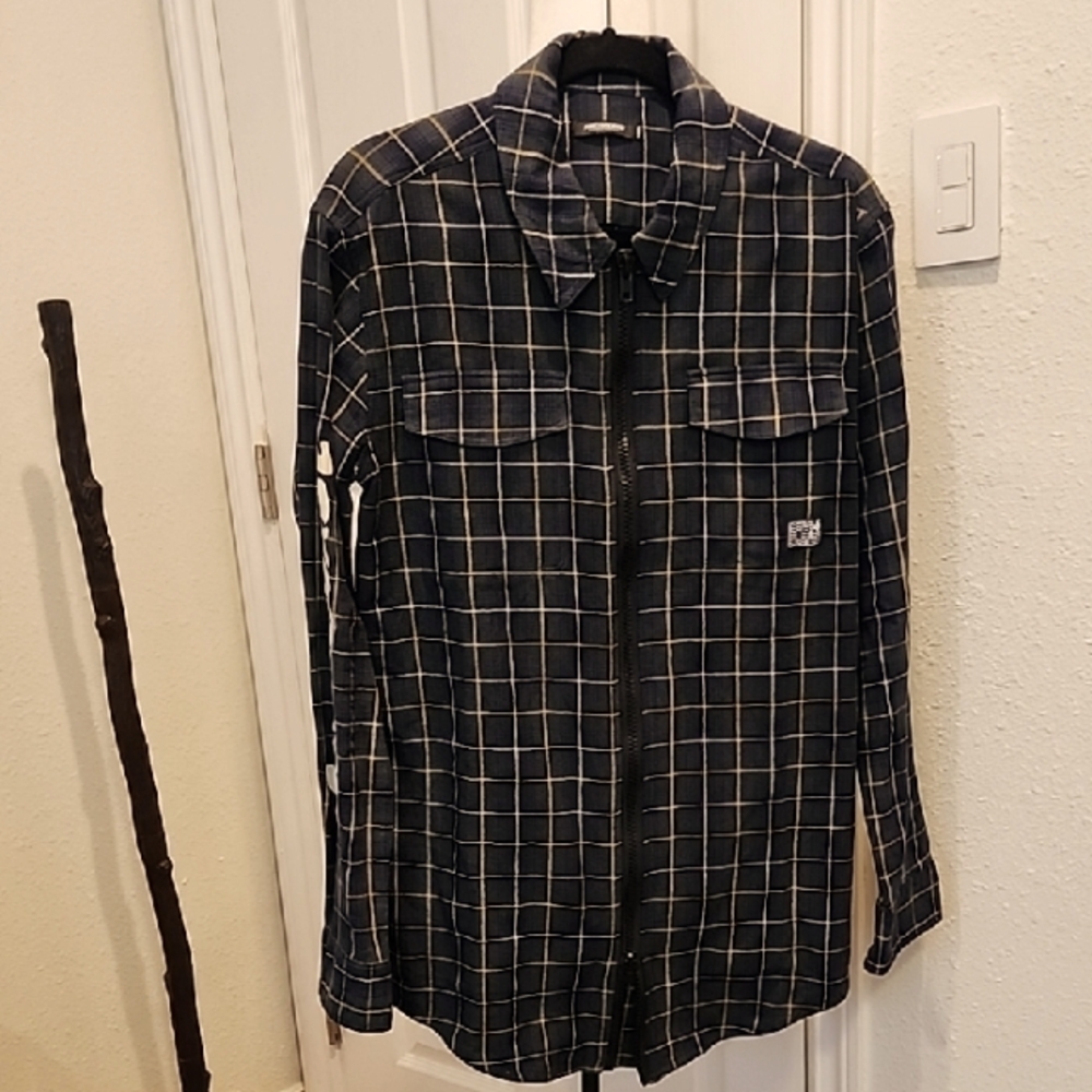 Pink Dolphin Mens Large Green Plaid Dual Zip Up Jacket